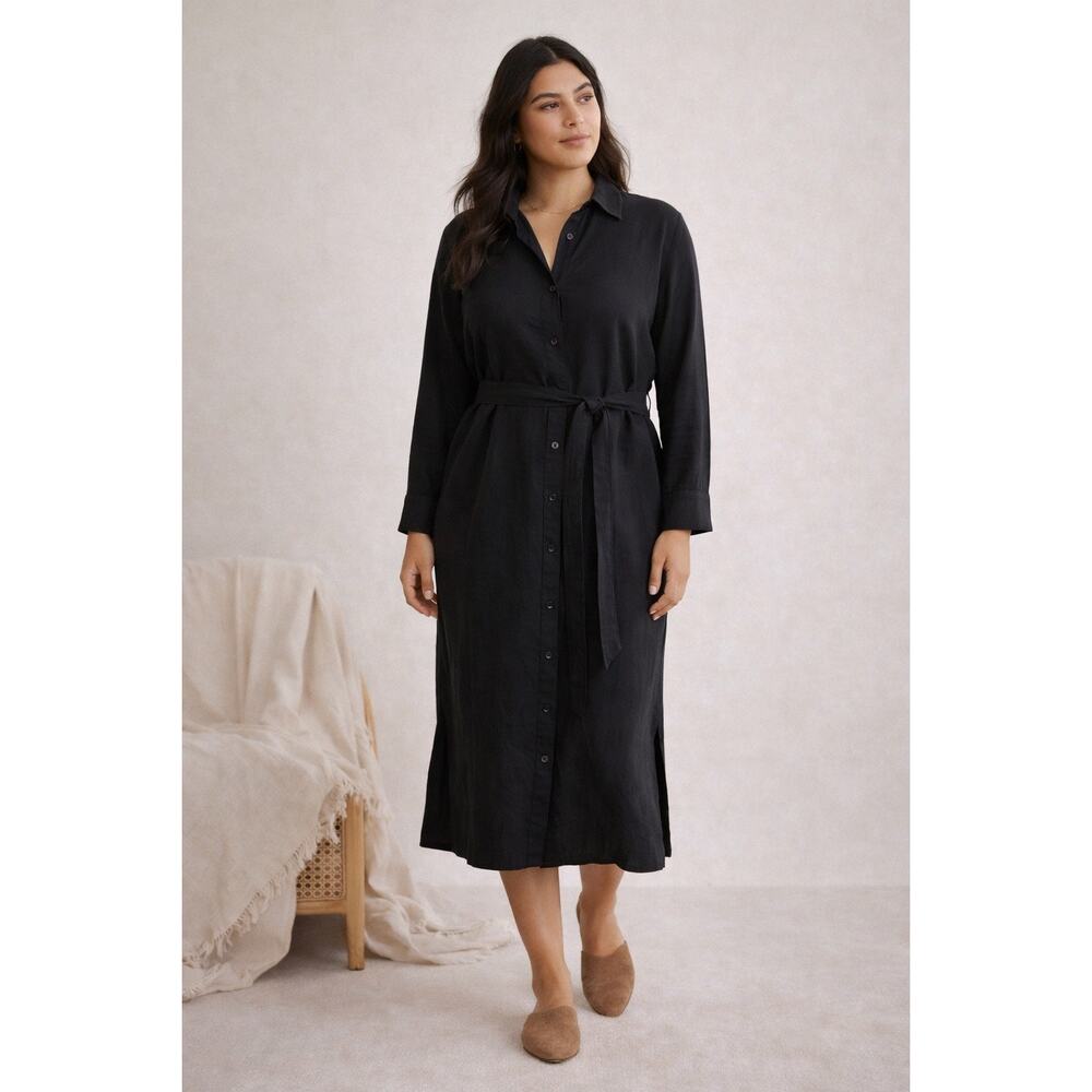 Banana Republic Linen Belted Shirt Dress Black Button Front Midi Long Sleeve M